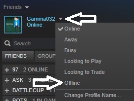 From the Steam friends window, press the dropdown next to your name then press 'Offline' from the dropdown