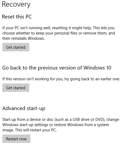 Image of recovery settings in windows 10