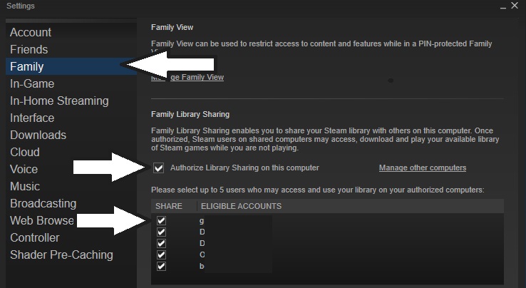From the Steam settings menu, authorise the computer and ensure your account is ticked