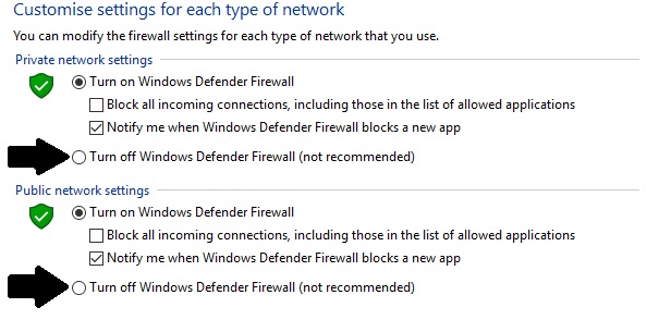 From the turn off windows defender firewall window, tick the buttons to disable both public and private firewall settings temporarily